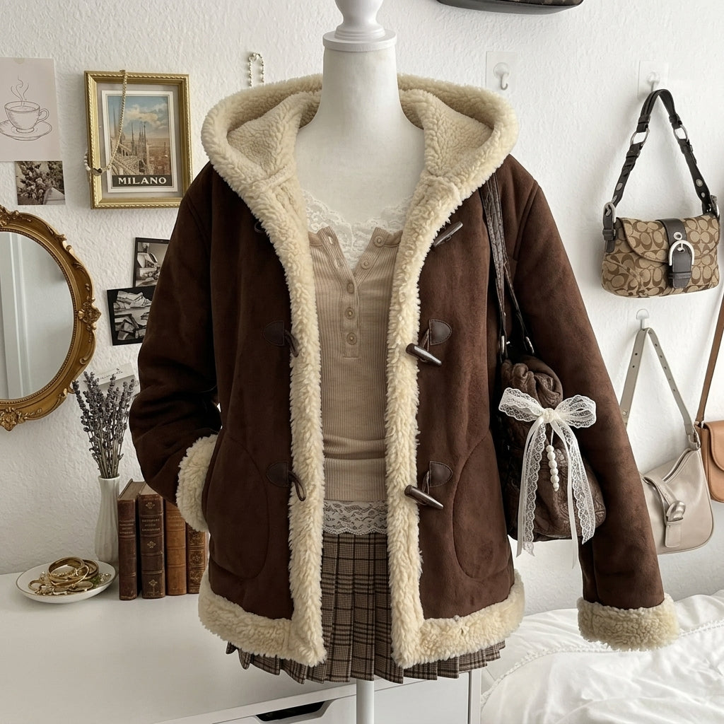 Thickened Hooded Horn Button Fur Outwear