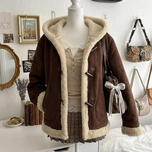 Thickened Hooded Horn Button Fur Outwear – Long Faux Fur Coat