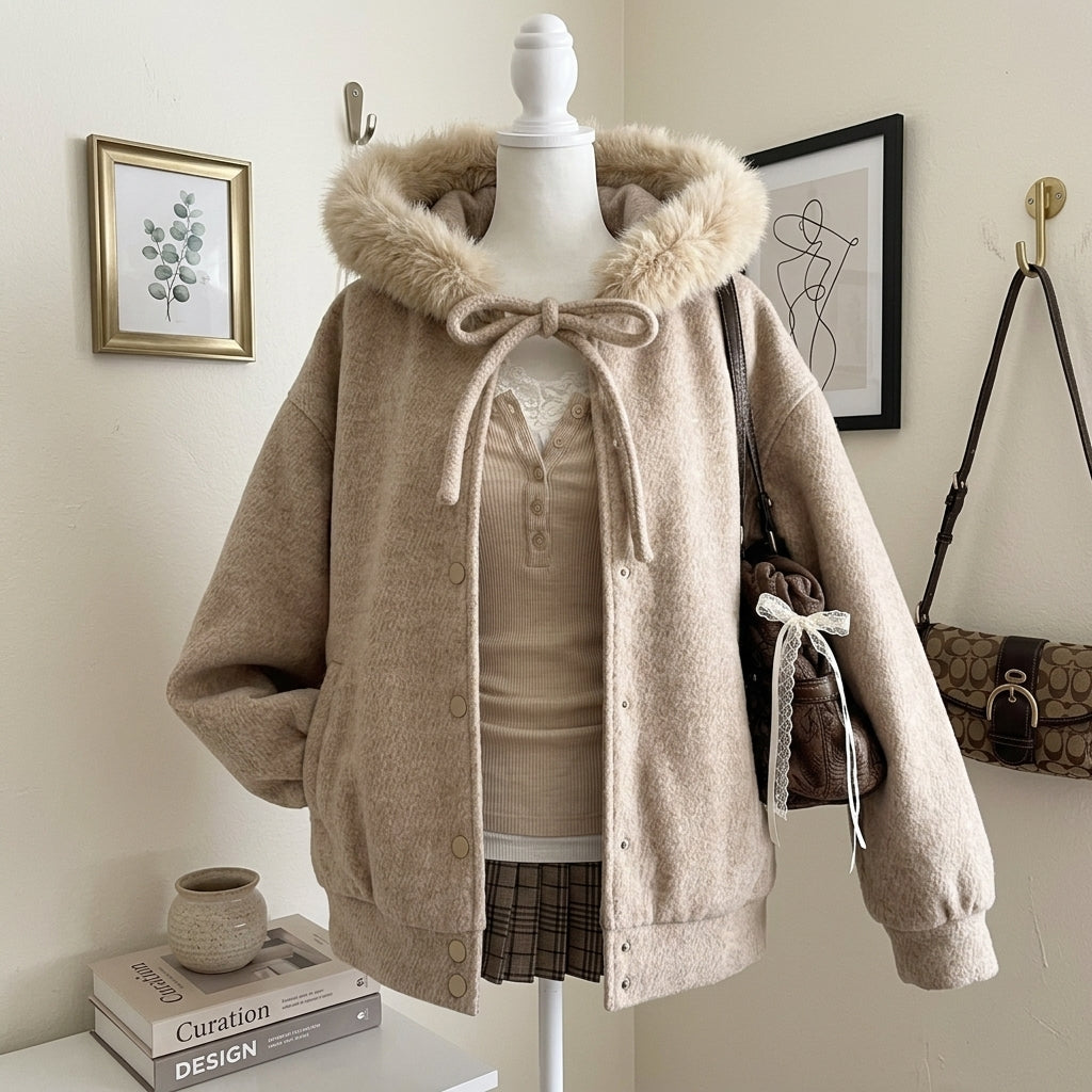 Velvet Hooded Winter Coat with Faux Fur Collar
