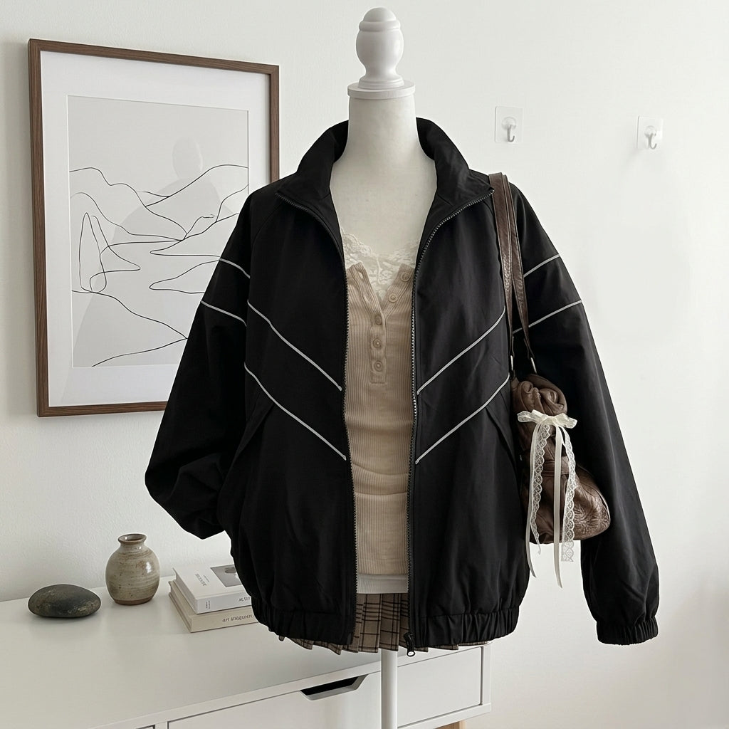 Reflective Windproof Sports Jacket – Loose Fit Polyester Running Outdoor Coat