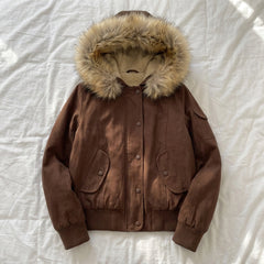 2000s Fur Collar Hooded Workwear Jacket – Dark Brown