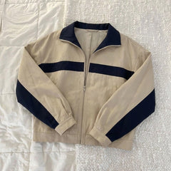 2000s Color Block High-Collar Zip-Up Track Jacket – Loose Fit Short Blouson in Khaki S–L