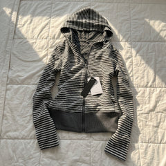 2000s Striped Zip-Up Hooded Jacket – Polka Dot Lined Hoodie in Dark Gray S–3XL