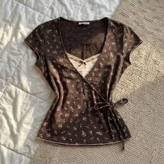 2000s Ditsy Floral Wrap Crop Top – Dark Brown Lace Tie-Up S–2XL