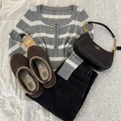 2000s Striped Cable-Knit Henley Sweater – Grey S–L
