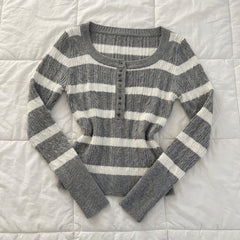 2000s Striped Cable-Knit Henley Sweater – Grey S–L