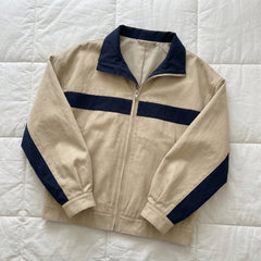 2000s Color Block High-Collar Zip-Up Track Jacket – Loose Fit Short Blouson in Khaki S–L