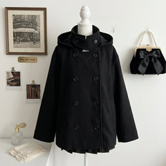 Double-Breasted Hooded Coat – Korean Style Loose Woolen Lapel Winter Coat