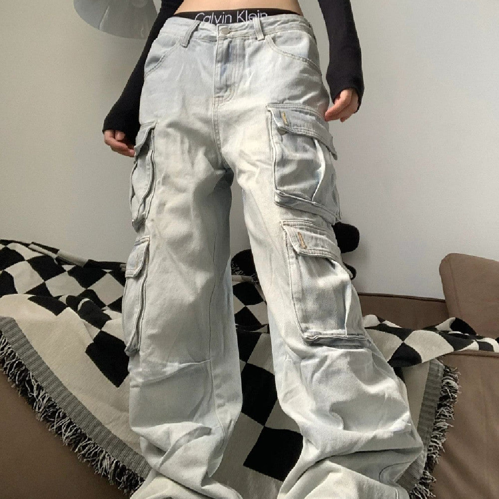 Multiple Pocket Washed Cargo Boyfriend Jeans - fairypeony