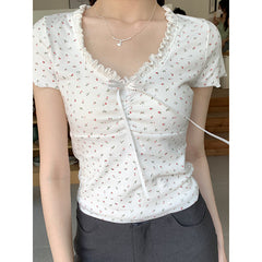 Ruffled V-neck Bow Print Short Sleeve Tee