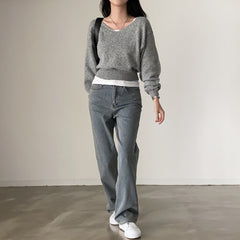 Solid Color Round Neck Cropped Loose Sweater
