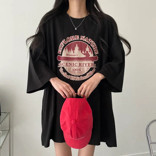 Vintage Logo Print Round Neck Oversized T-shirt