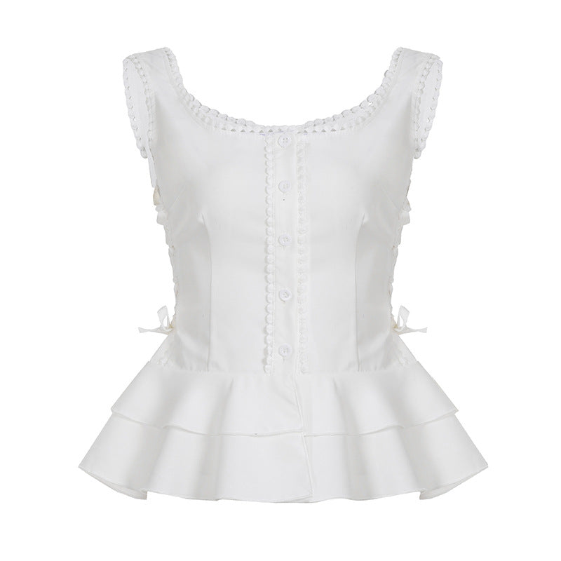 U Collar Lace Trim Button Sleeveless Blouse