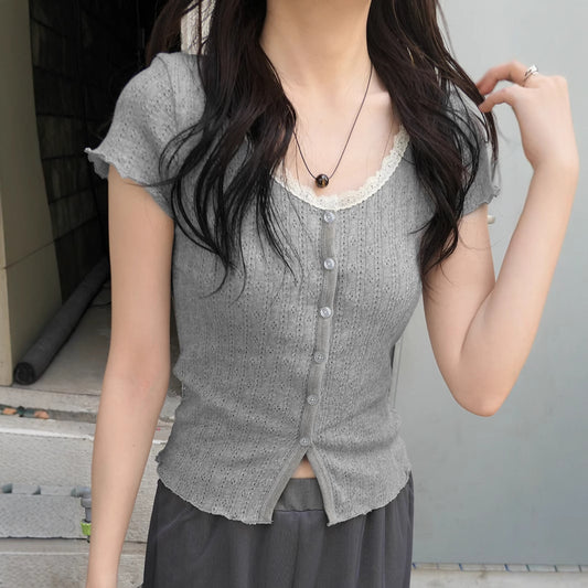 Lace Trim Short Sleeve Knitted Cardigan