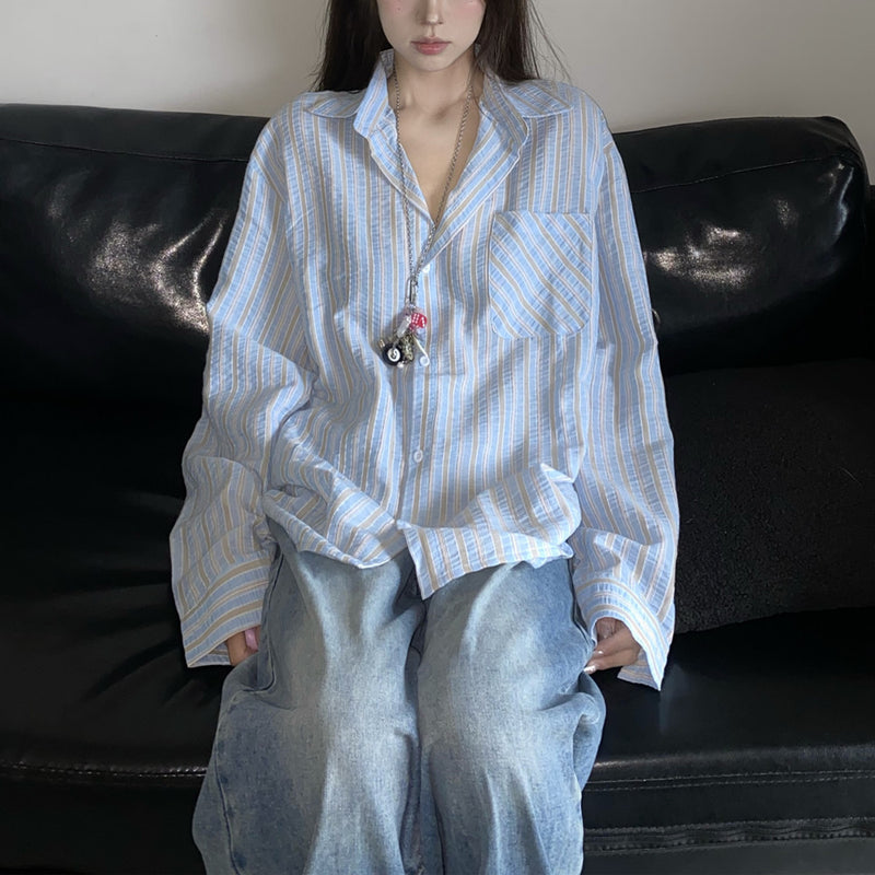 Retro Lazy Style Refreshing Stripes Shirt Coat Women
