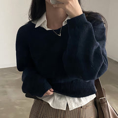 Solid Color Round Neck Cropped Loose Sweater