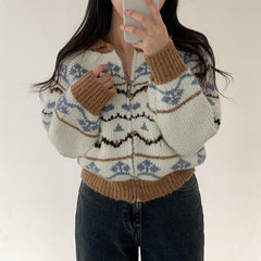 Vintage Jacquard Print Zip Up Cardigan