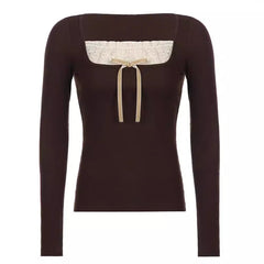 Stitching Lace Bow Knot Square Collar Knitted Tee