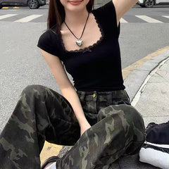 Lace Trim Square Neck Bow Short Sleeve Tee