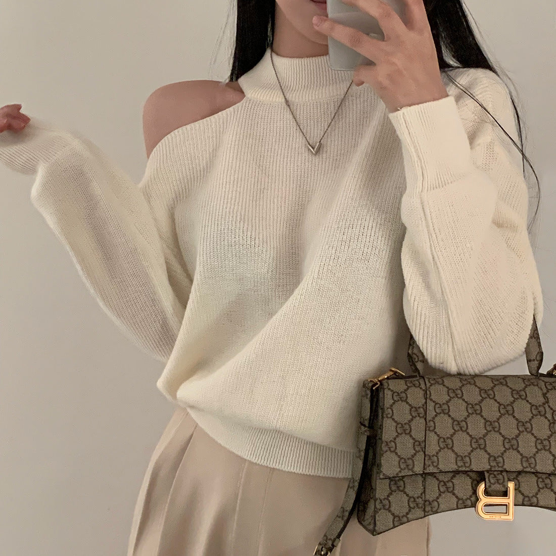 Crew Neck Hollow Out Shoulder Loose Sweater