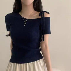 Lace-up Off Shoulder Short Sleeve Knitted Tee