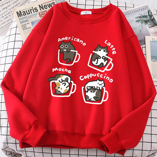 Coffee Cute Kitten Print Oversized Sweatshirt