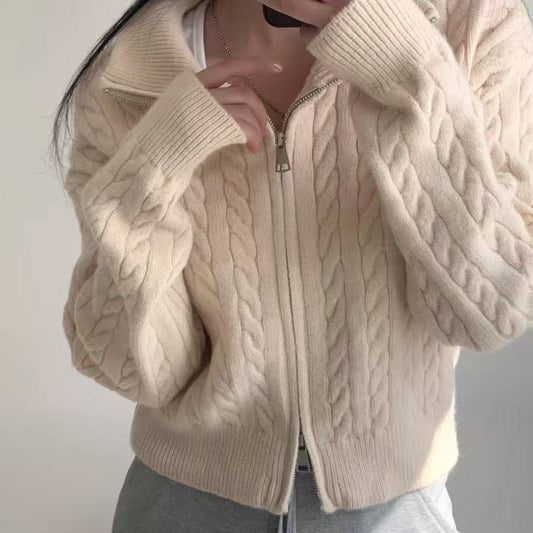 High Collar Cable Knit Zip Up Cardigan