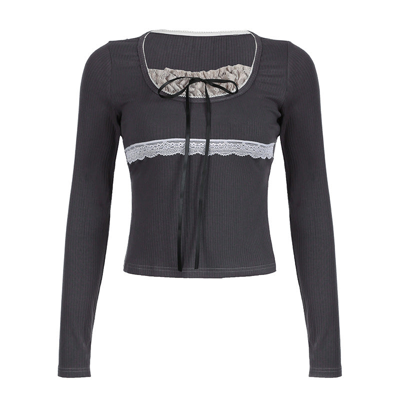 Lace Stitching Bow Patchwork Long Sleeve Tee