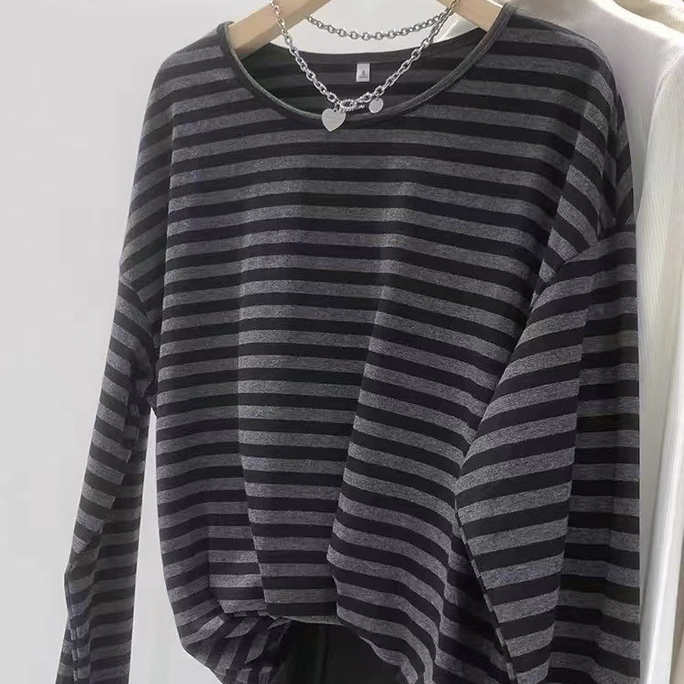 Vintage Round Neck Striped Long Sleeve Tee