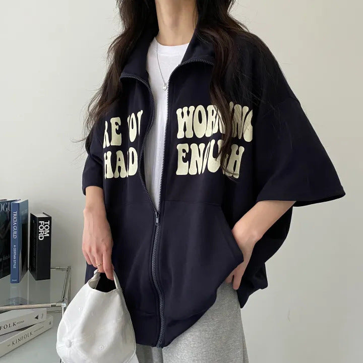 Letter Print Loose Zip Up Short Sleeve Tee