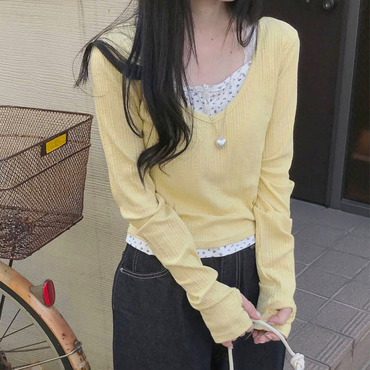 Solid Color Fake Two Piece Long Sleeve Tee