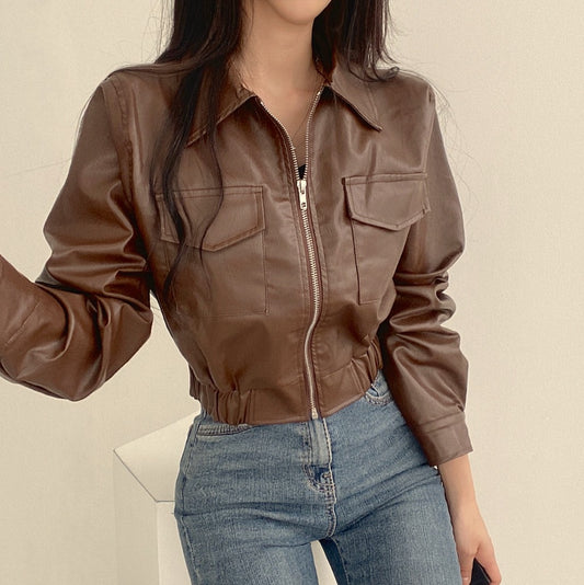 Collared Plain Faux Leather Zip Jacket
