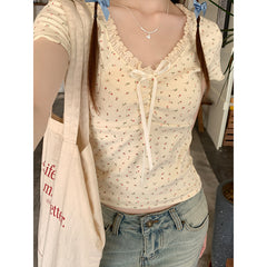 Ruffled V-neck Bow Print Short Sleeve Tee