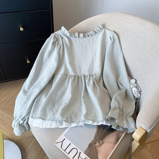 Aesthetic Patchwork Bow Tie Long Sleeve Blouse