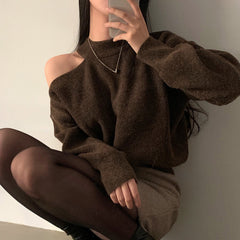 Crew Neck Hollow Out Shoulder Loose Sweater