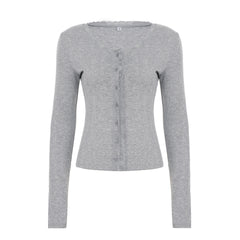 Lace Trim Long Sleeve Slim Button Knitted Tee