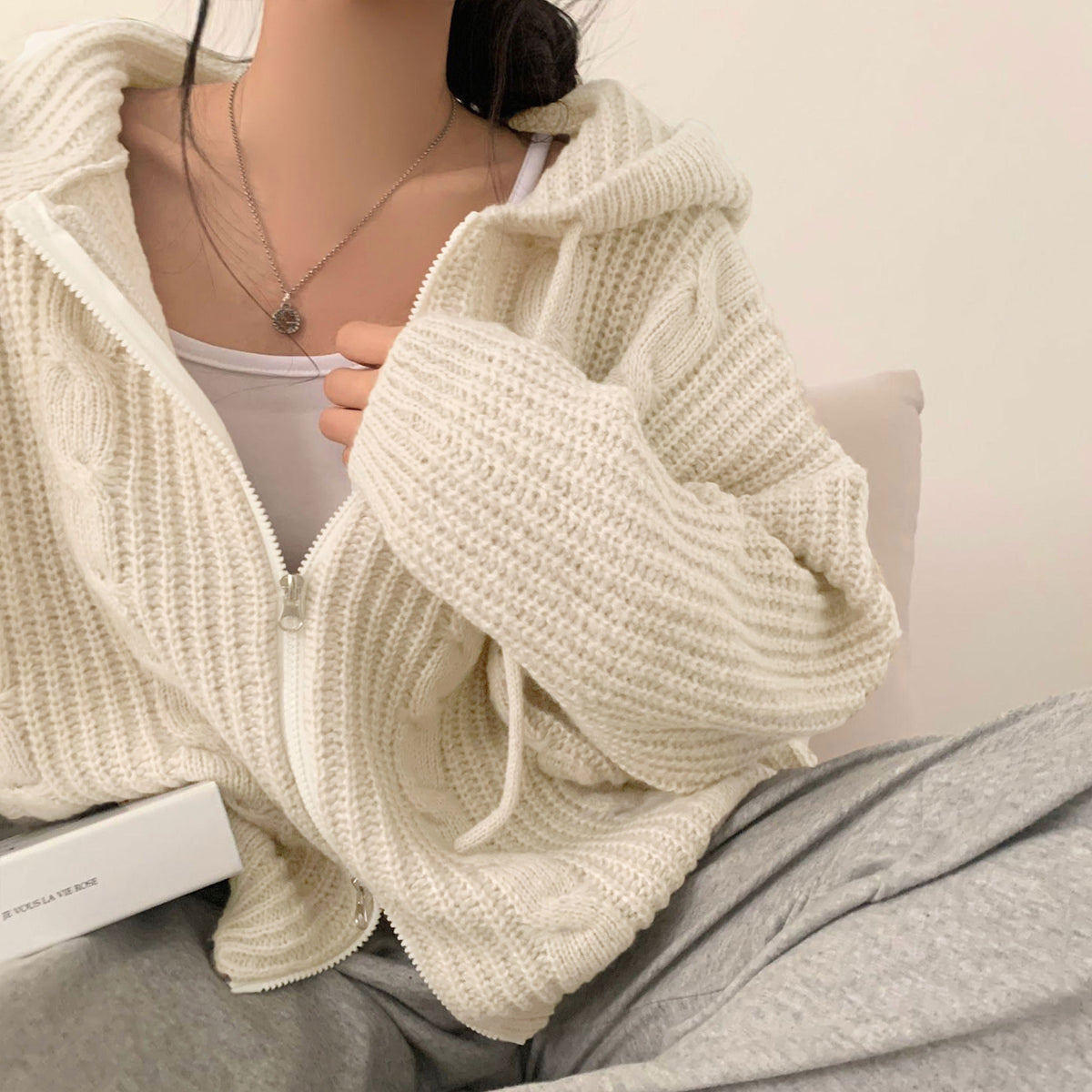 Solid Color Cable Knit Oversized Hooded Zipper Cardigan