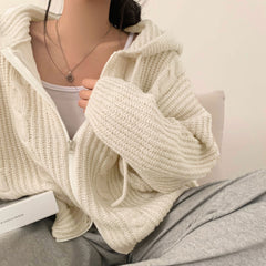 Solid Color Cable Knit Oversized Hooded Zipper Cardigan