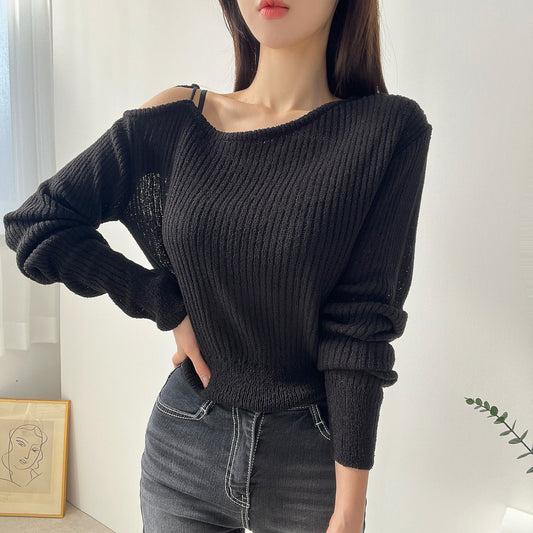 Lace-up Striped Long Sleeve Knitted Tee