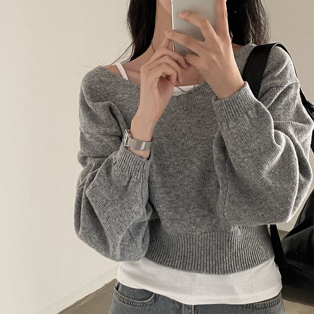 Solid Color Round Neck Cropped Loose Sweater