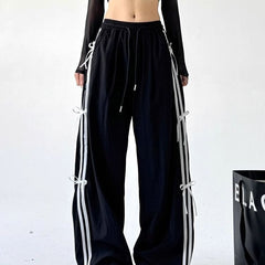 Side Striped Bow Tie Wide Leg Sweatpants