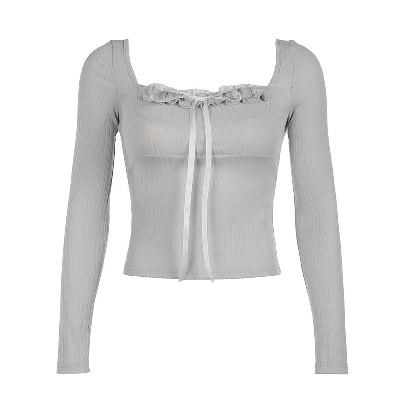 Stitching Square Neck Coquette Bow Long Sleeve Tee