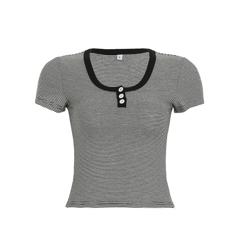 Vintage Round Neck Striped Short Sleeve Tee