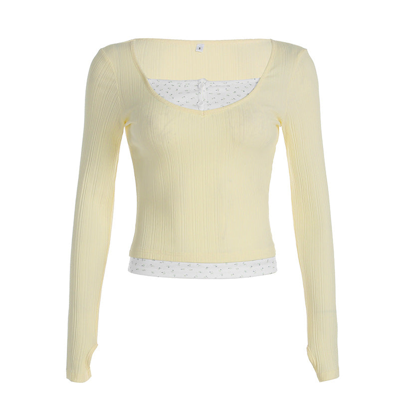 Solid Color Fake Two Piece Long Sleeve Tee