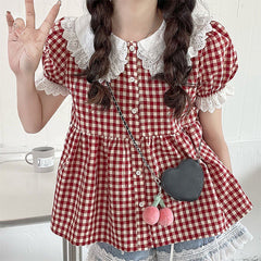 Aesthetic Lace Collar Checkered Puff Sleeve Blouse