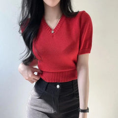 V-neck Solid Color Short Sleeve Knitted Tee