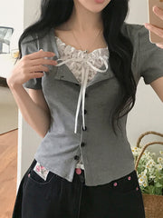 Lace Stitching Tied Square Collar Short Sleeve Tee