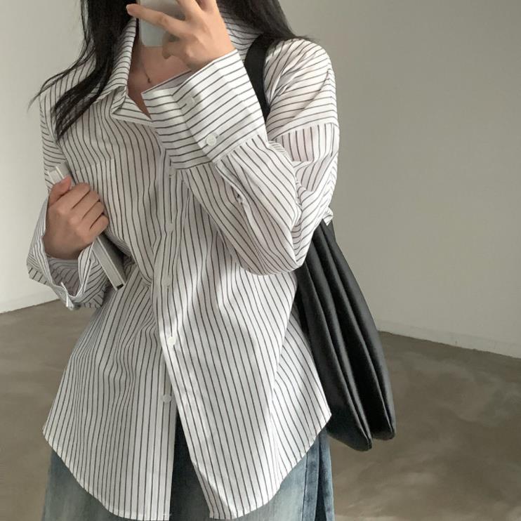 Vintage Striped Long Sleeve Oversized Casual Blouse