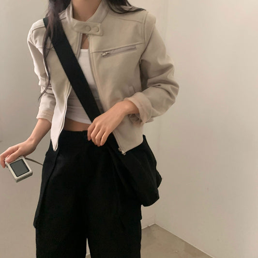 Vintage Solid Color Motorcycle Pu Leather Jacket