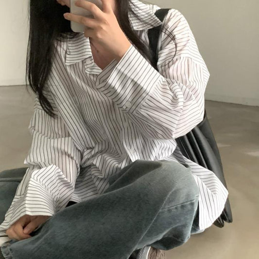 Vintage Striped Long Sleeve Oversized Casual Blouse